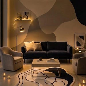 Modern abstract organisch gevormd vloerkleed | Crème beige marineblauw getuft pluche tapijt | Onregelmatig gevormd, bolvormig, eigentijds vloerkleed voor de woonkamer