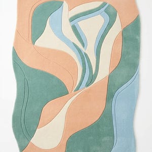 Tapete moderno abstrato de lã tufada à mão - Tapete ondulado com formato orgânico irregular, tapete boho verde-sálvia terracota para sala de estar e quarto.