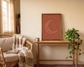 Crescent Moon Celestial Print | Boho Terracotta Wall Art | Gold Star Illustration | Instant Digital Download