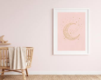 Crescent Moon Nursery Print | Celestial Boho Wall Art | Blush Pink | 5x7 to A4 Pack | Instant Download