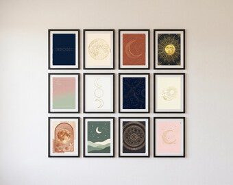 Celestial Moon Phase Art Print Bundle | Boho Gold Gallery Wall (Digital Download)