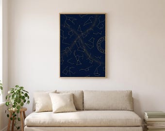 Constellation Star Map Print | Celestial Boho Wall Art | Navy Gold Digital Download | Instant Download