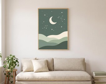 Night Sky Landscape Print | Celestial Boho Wall Art | Sage Green Digital Download | Instant Download