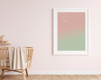 Crescent Moon Star Print | Celestial Boho Wall Art | Blush Sage Digital Download | Instant Download