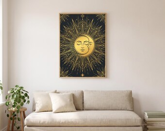 Celestial Sun Moon Print | Boho Gold Charcoal Wall Art | 5x7 8x10 A4 Print Pack (Digital Download)