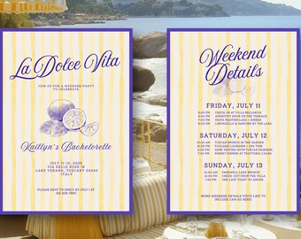 Plantilla de invitación de despedida de soltera La Dolce Vita, itinerario de fin de semana editable en Canva, con temática de limón y rayas amarillas y azules, para despedida de soltera