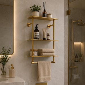 Luxury Brass Bathroom Shelf with Towel Bar | Modern 3-Tier Wall Mounted Gold Bathroom Organizer | Premium Bathroom Storage Rack