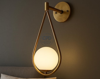 Modern Brass Wall Sconce Light Fixture | Teardrop Design with Frosted Glass Globe | Mid-Century Modern Wall Lamp for Living Room, Bedroom