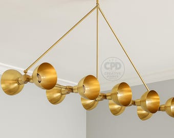 Modern Brass Linear Chandelier – Mid Century 6-Light Pendant for Dining Room, Kitchen Island & Living Room Lighting