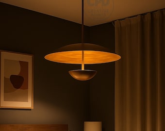 Modern Brass Pendant Light, Mid Century Saucer Chandelier with Warm Gold Interior for Dining Room, Living Room, Bedroom Lighting
