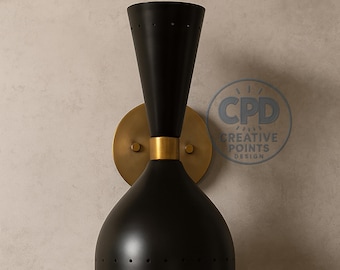 Mid Century Modern Black Brass Wall Sconce – Vintage Style Cone Shade Light Fixture for Living Room, Bedroom & Hallway