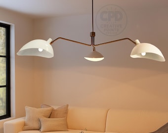 Modern Mid Century 3 Arm Chandelier, Brass & White Ceiling Light Fixture, Adjustable Pendant for Dining Room, Kitchen, Living Space