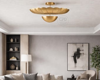 Modern Brass Ceiling Light | Luxury Gold Flush Mount Light | Contemporary Living Room & Bedroom Ceiling Fixture | Designer Home Decor