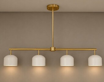 Moderne messing lineaire kroonluchter, hanglamp met 4 lampen voor keukeneiland, plafondlamp in mid-century modern stijl voor eetkamer, witte koepelvormige hanglamp