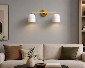 Modern Brass Double Wall Sconce Light | Mid Century Wall Lamp with White Shades | Luxury Bathroom Vanity Light | Contemporary Wall Fixture
