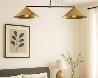 Modern Brass Double Cone Pendant Light – Mid Century Dining Room Chandelier, Adjustable Ceiling Fixture for Kitchen Island or Dining Table