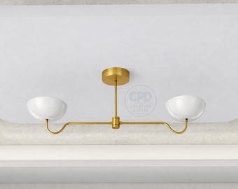 Modern Brass Ceiling Light Fixture with White Shades | Minimal 2-Light Semi Flush Mount | Contemporary Home Lighting