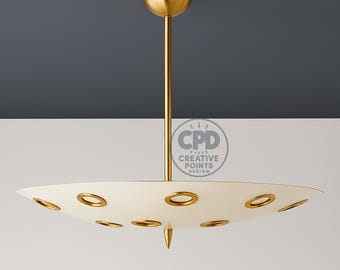 Mid-Century Modern Brass Pendant Light | White & Brass UFO Chandelier | Vintage Style Ceiling Light Fixture for Dining Living and Bedroom