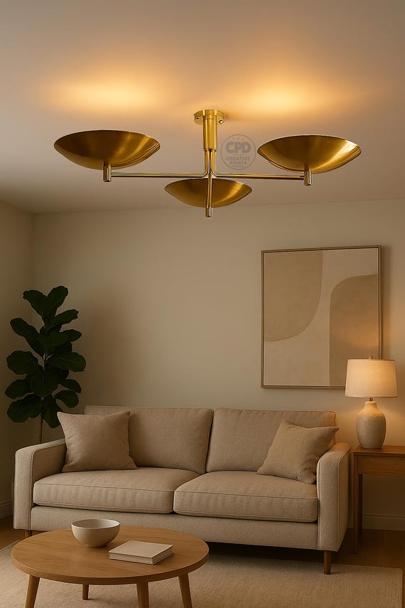 Modern Luxury Brass Ceiling Light – Triple Arm Flush Mount Chandelier, Mid-Century Modern Lighting for Dining, Kitchen & Living Room