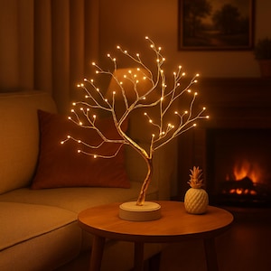 LED Birch Bonsai Tree Lamp – Mini Tabletop Night Light with 8 Modes, USB or Battery Powered Fairy Lights for Christmas & Room Decor