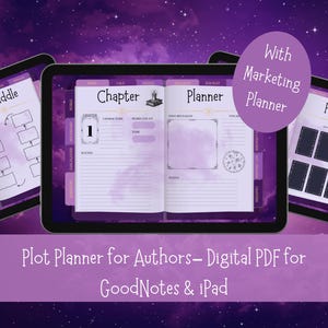 Op de afbeelding: Digitale PDF-plotplanner voor auteurs, ontworpen voor GoodNotes en iPad. De planner bevat secties voor hoofdstukplanning, karakterdetails en plotontwikkeling. De afbeelding toont een paars en wit ontwerp met de tekst "Chapter" en "Plot".