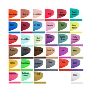 Op de afbeelding: Een kleurenkaart met een verscheidenheid aan lintkleuren, waaronder neonoranje, roze, blauw en groen. Elke kleur is gelabeld met zijn naam, zoals "Abrikoos", "Hemelsblauw" en "Khaki". De kaart is ontworpen om de beschikbare kleuropties te presenteren.