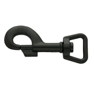 May include: A matte black metal swivel trigger snap hook featuring a curved spring-loaded latch mechanism on one end and a trapezoidal loop on the other end for attaching straps or cords. The hardware has a smooth finish and a solid construction.