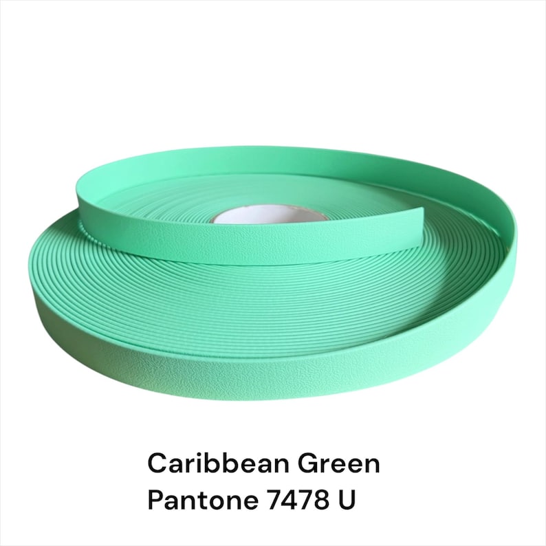 Puede incluir: Un rollo de ribete decorativo verde Caribe, Pantone 7478 U. El ribete es de un color verde claro vibrante y est&aacute; enrollado en espiral. El texto "Caribbean Green Pantone 7478 U" se muestra debajo.