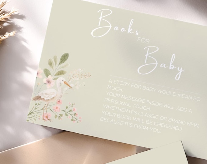 Gender Neutral Books for Baby Card, Watercolor Baby Shower Stationary, Printable Book Request Poem, Baby Shower Game, Stork Theme Event