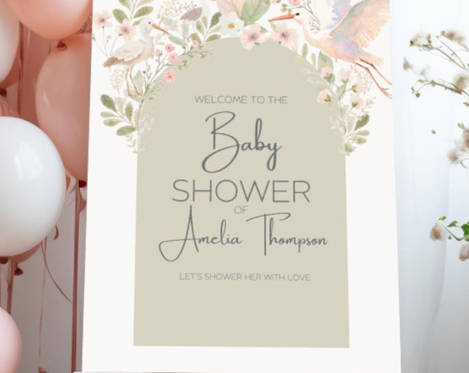 Baby Shower Template Digital Design Welcome Sign Floral Decoration Entrance Display Garden Theme Watercolor Bird Botanical Art Nursery Decor