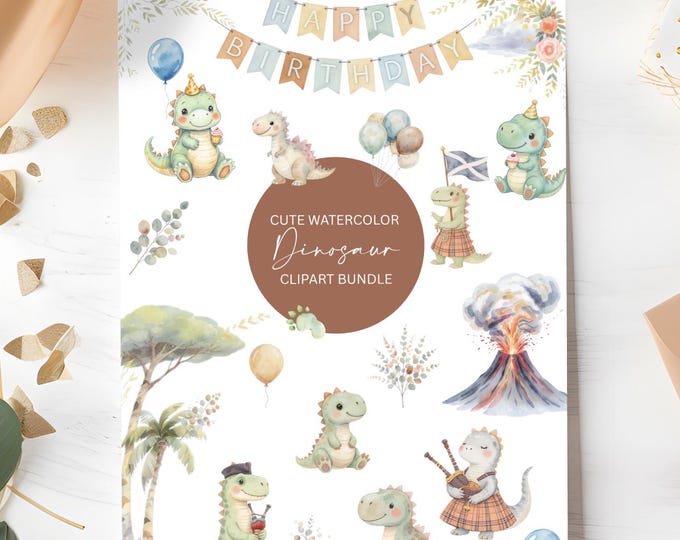 Clipart Bundle Watercolor Dinasour Cute Dino PNGs Balloons Trees & Florals Soft Pastel Nursery Art Graphics Kids Instant Download Canva