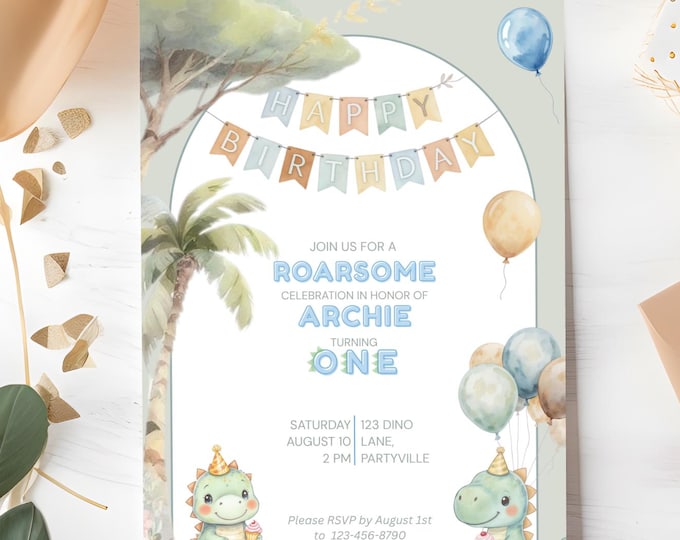 1st Birthday Invitation Customizable Dinosaur Editable Template Cute Watercolor Dino Party Invite for Boys or Girls Themed Birthday Canva