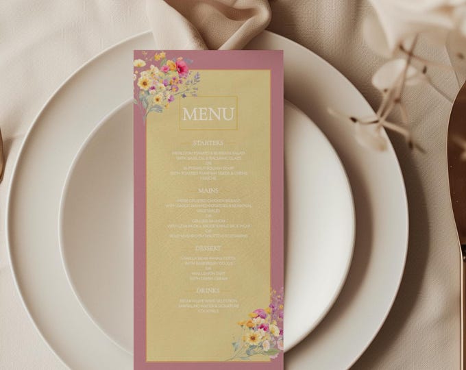 Romantic Wedding Dinner Menu Template Editable, Modern Vintage Garden Canva Wedding Ceremony, Soft Floral Printable Wedding Stationary