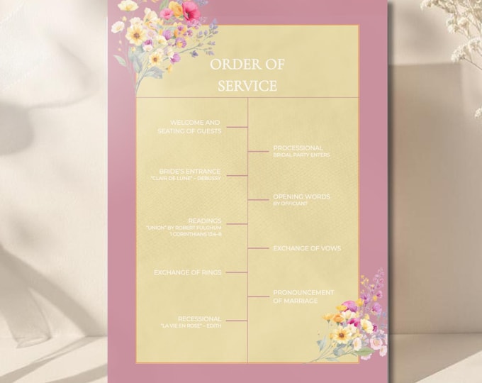 Romantic Wedding Order of Service Template Editable, Modern Vintage Garden Canva Wedding Ceremony, Soft Floral Printable Wedding Stationary