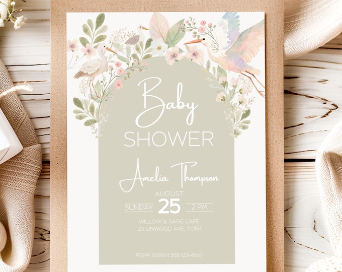 Gender Neutral Baby Shower Invitation Template, Watercolor Stork & Floral Design, Editable Canva Invite Shower Planning, Digital Download