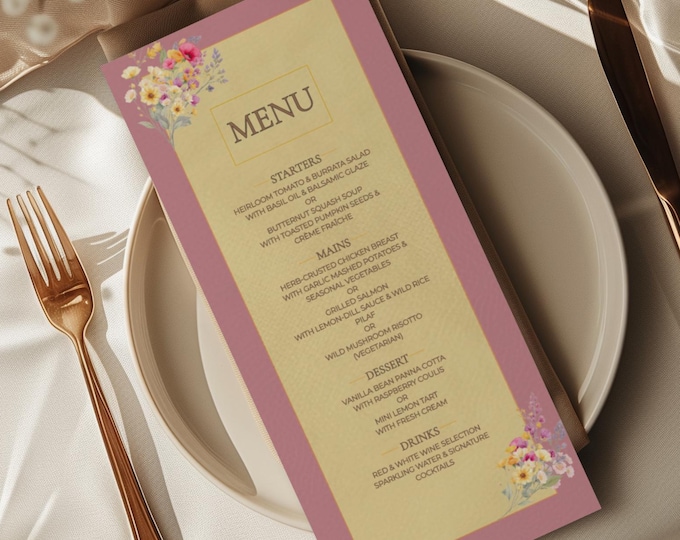 Wedding Menu Template Design Download Digital File Instant Access Bridal Stationery Wedding Reception Dinner Menu Table Display Elegant Look