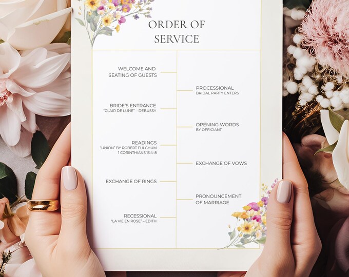 Wedding Ceremony Program Template Design Floral Accent Gold Detail Wedding Template Canva Edit Service Outline Ceremony Order Card Printable