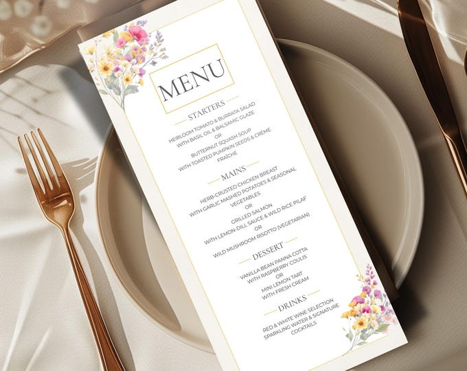 Wedding Menu Template Design Download Digital File Instant Access Bridal Stationery Wedding Reception Dinner Menu Table Display Elegant Look