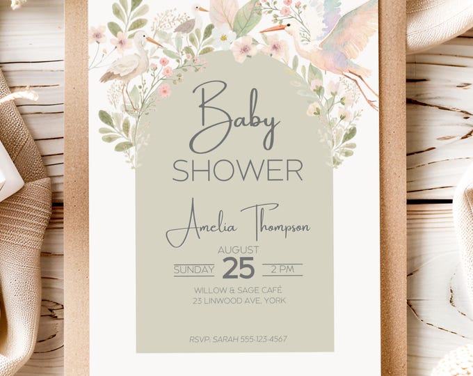 Baby Shower Invitation Design Template Canva Editing Digital Download Birth Announcement Gender Neutral Floral Design Arch Watercolor Art