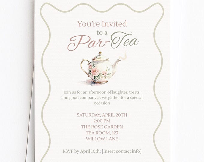 Editable Tea Party Invitation - Afternoon Tea, Birthday, Garden, Bridal Events Evite (Instant Download Printable Digital Canva Template)