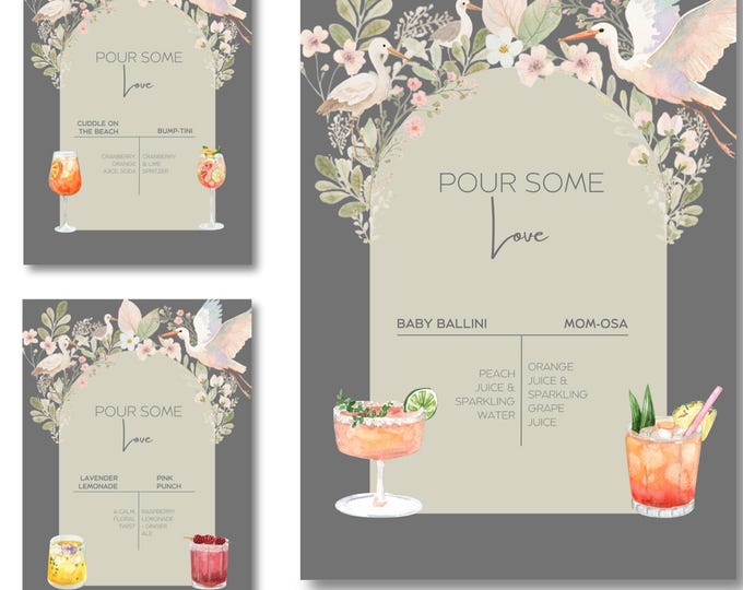 Baby Shower Menu Design Template Digital Download Drink Sign for Party Drink Station Bar Decor Floral Design Canva Template Editable File