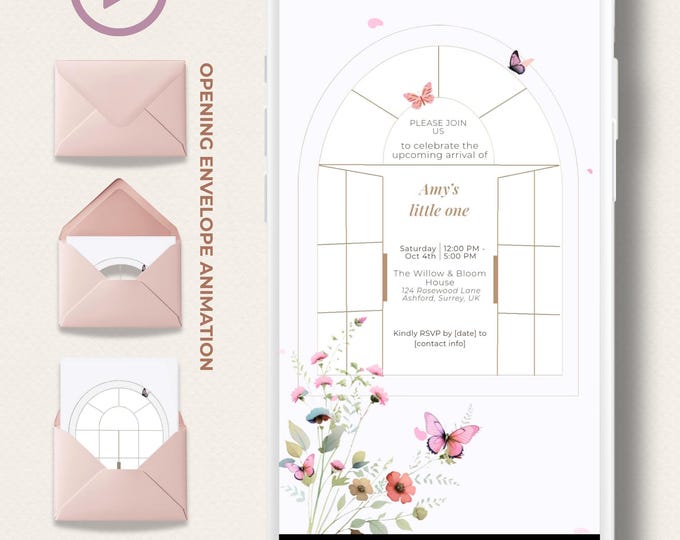 Animated Baby Shower Invitation, Butterfly Digital Evite Template, Editable Canva Video Invite, Floral Virtual Baby Shower Announcement