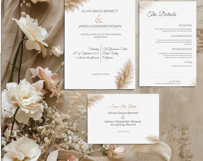 Modern Wedding Invitation Suite Bundle – Editable Canva Template - Save the Date, RSVP, Details & Invitation Card
