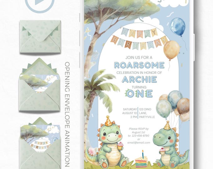 1st Dinosaur Birthday Evite – Dino Themed Animated Digital Invitation – Editable Canva Template – Kids Birthday Party Electronic Invite