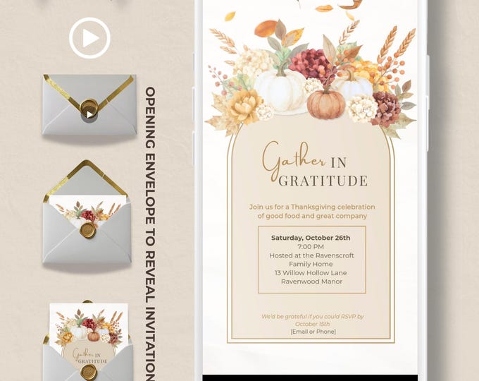 Animated Thanksgiving Digital Invite, Editable Harvest Dinner Video Evite, Fall Party Motion Invite WhatsApp or Email, Autumn Canva Template