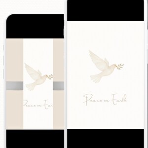 May include: Two smartphones displaying a digital Christmas card. The card features a white dove carrying an olive branch, with the words "Peace on Earth." The card is customizable in Canva. The top of the image reads "ANIMATED DIGITAL CHRISTMAS CARD WITH NEWSLETTER."