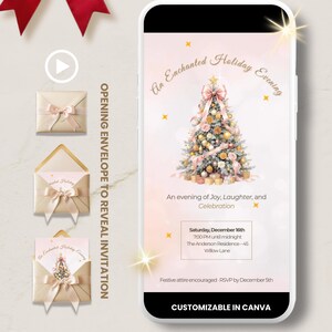 Könnte beinhalten: Animierter Urlaubs-Einladungsentwurf mit einem Smartphone, das eine festliche Einladung anzeigt. Die Einladung enthält einen geschmückten Weihnachtsbaum und Veranstaltungsdetails. Das Design zeigt auch eine rote Schleife und Umschlagdesigns. Der Text auf dem Bild lautet "An Enchanted Holiday Evening."
