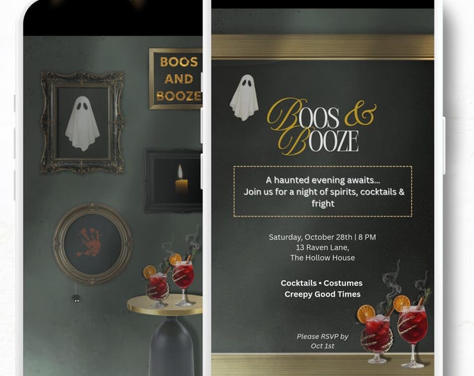 Boos and Booze Evite, Haunted Halloween Party Invitation, Spooky Cocktail Digital Invite, Editable Canva Template, Animated Halloween Evite