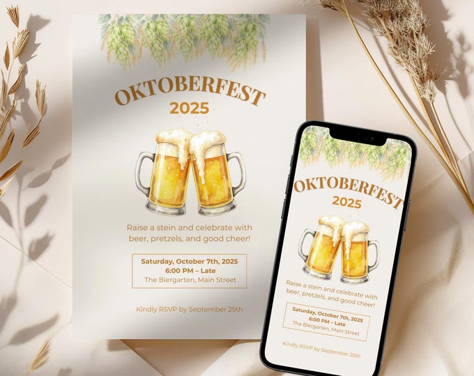 Printable Oktoberfest Invitation - Beer Party Invite with Watercolor Mugs & Hops (Customizable digital Editable Canva Template)