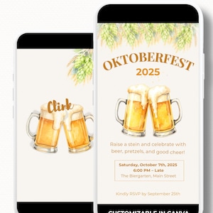 Puede incluir: Invitación digital para el Oktoberfest mostrada en dos smartphones. La invitación presenta ilustraciones de jarras de cerveza, lúpulo y el texto "Oktoberfest 2025". La invitación incluye detalles del evento y una llamada a RSVP.